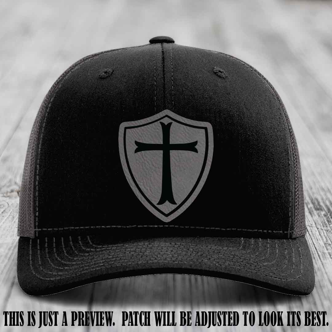 Holy Shield design on a Grey to Black Patch Richardson 112 hat (Black to Charcoal Hat)