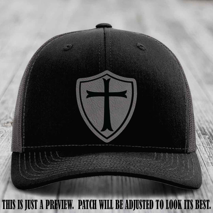 Holy Shield design on a Grey to Black Patch Richardson 112 hat (Black to Charcoal Hat)