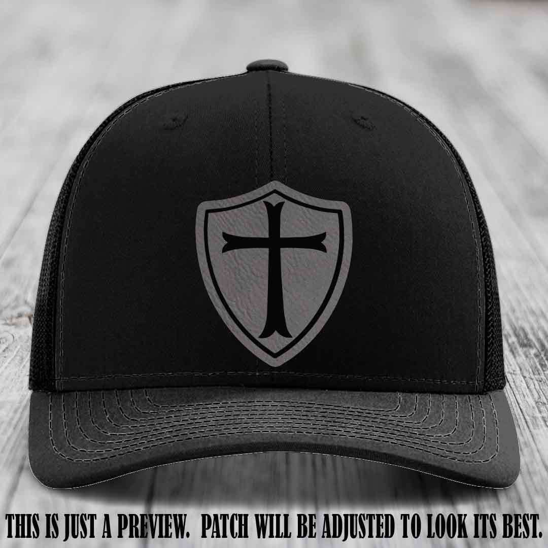 Holy Shield design on a Grey to Black Patch Richardson 112 hat (Black Hat)