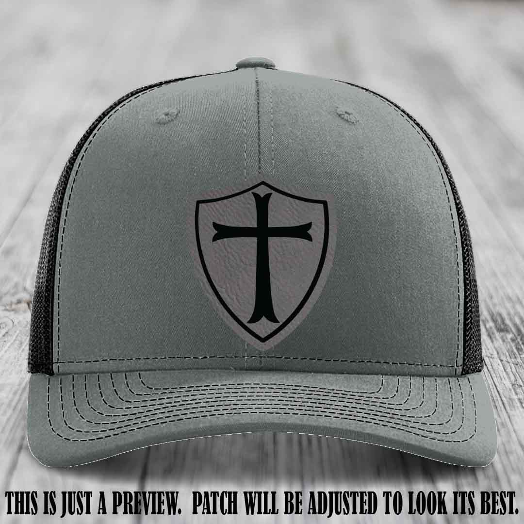 Holy Shield design on a Grey to Black Patch Richardson 112 hat (Heather Grey to Black Hat)