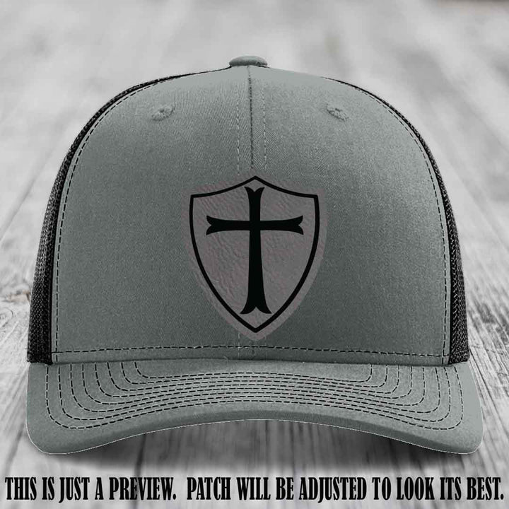 Holy Shield design on a Grey to Black Patch Richardson 112 hat (Heather Grey to Black Hat)