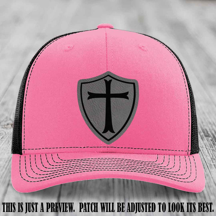Holy Shield design on a Grey to Black Patch Richardson 112 hat (Hot Pink to Black Hat)