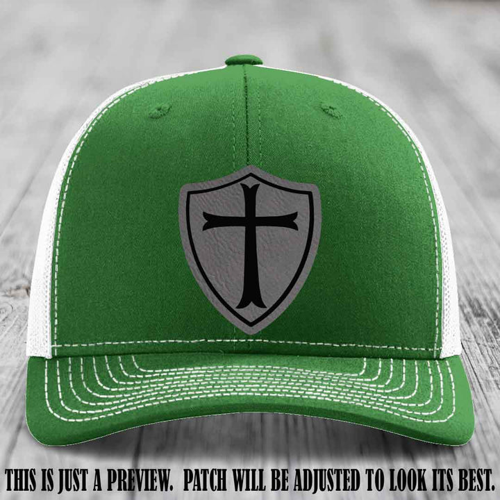 Holy Shield design on a Grey to Black Patch Richardson 112 hat (Kelly to White Hat)