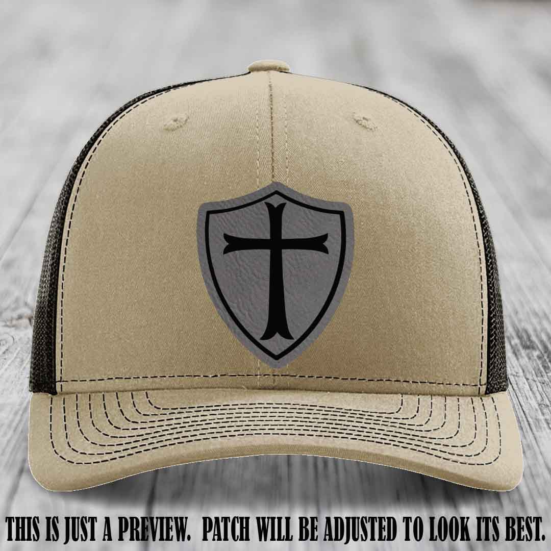 Holy Shield design on a Grey to Black Patch Richardson 112 hat (Khaki to Coffee Hat)