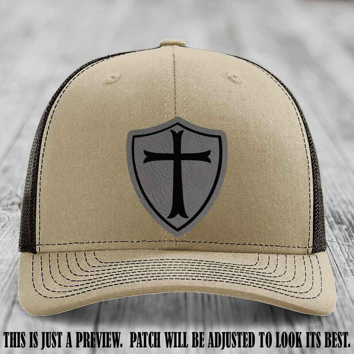 Holy Shield design on a Grey to Black Patch Richardson 112 hat (Khaki to Coffee Hat)