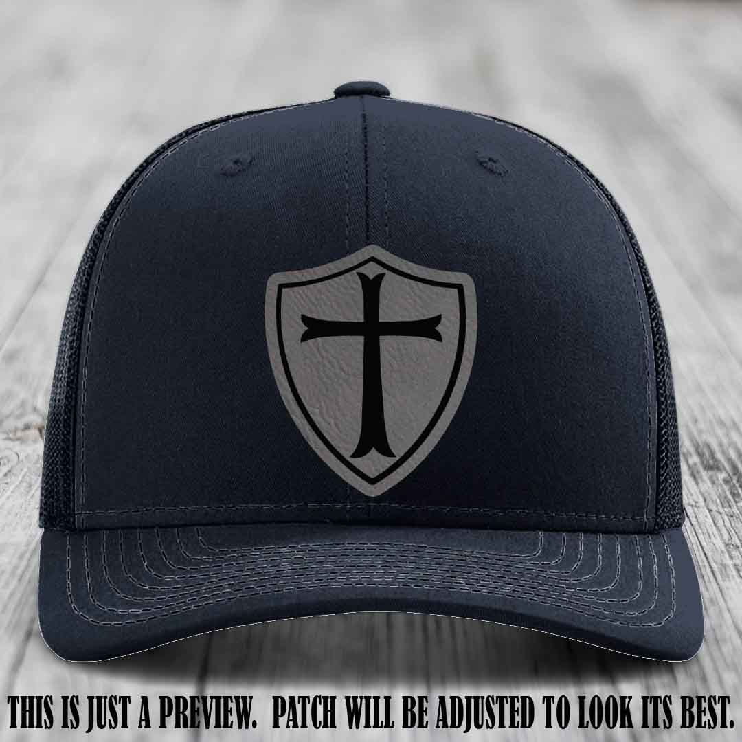 Holy Shield design on a Grey to Black Patch Richardson 112 hat (Navy Hat)