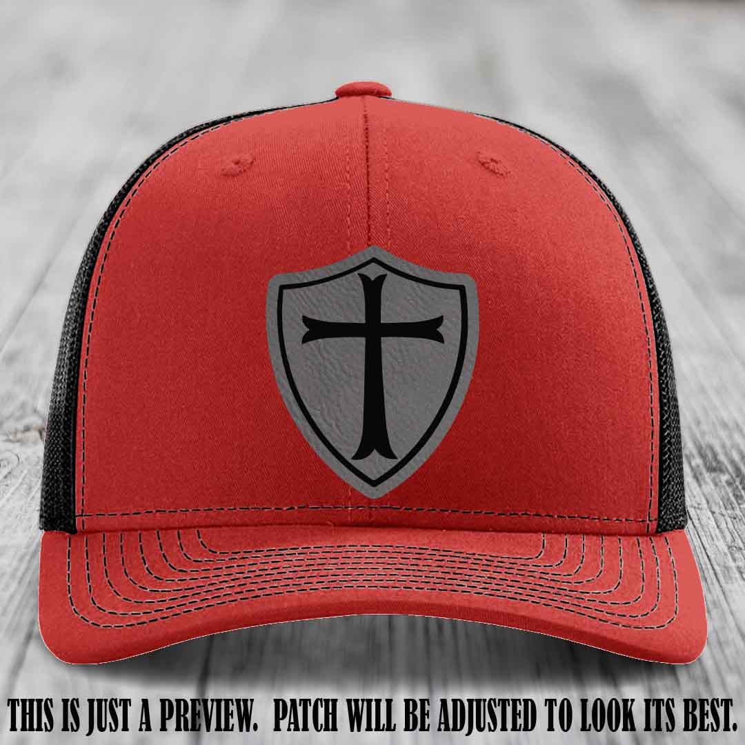 Holy Shield design on a Grey to Black Patch Richardson 112 hat (Red to Black Hat)