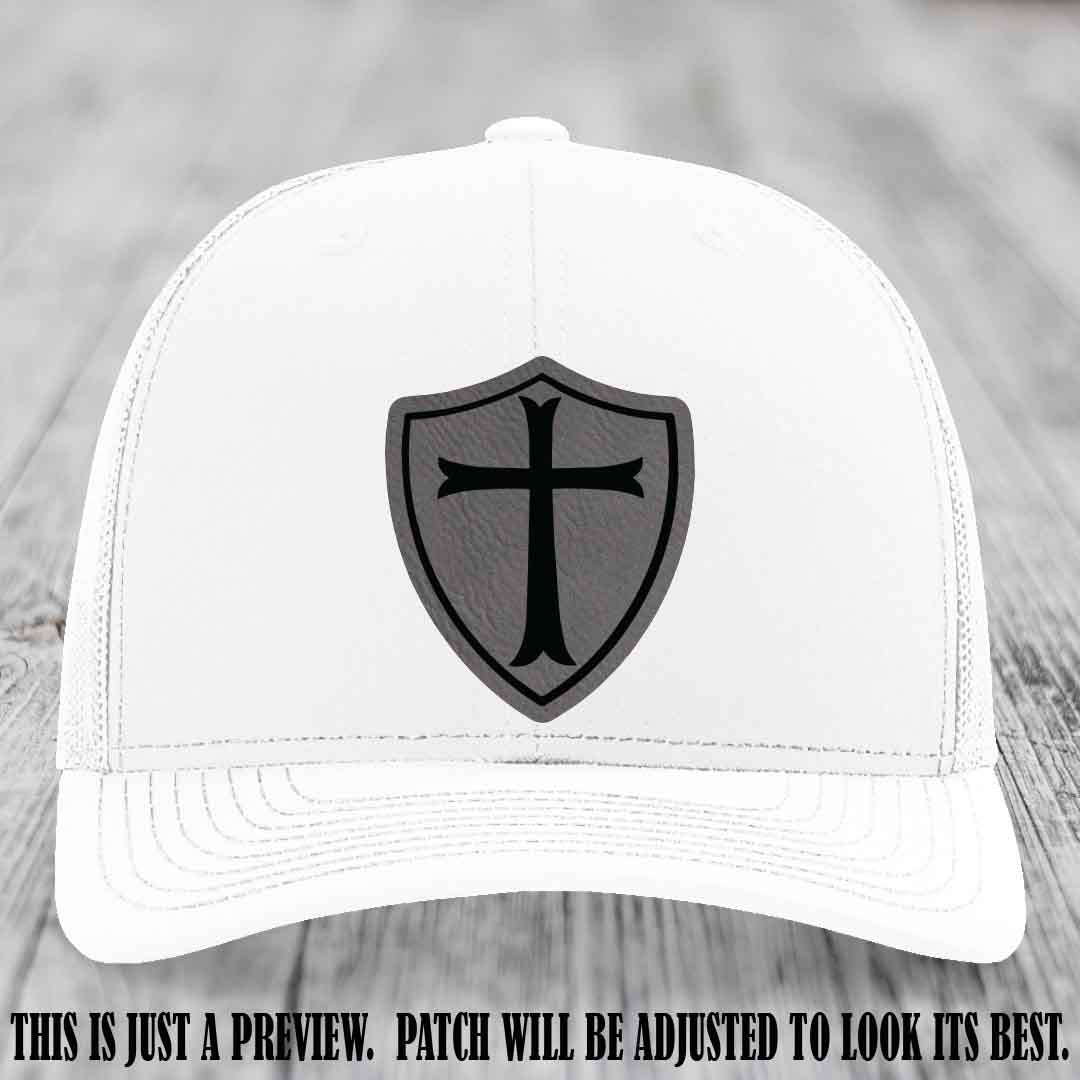 Holy Shield design on a Grey to Black Patch Richardson 112 hat (White Hat)