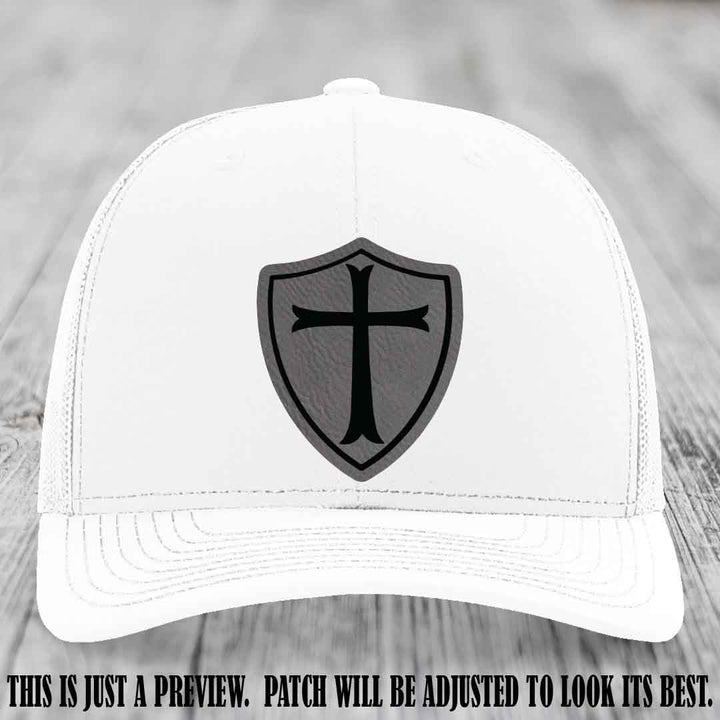 Holy Shield design on a Grey to Black Patch Richardson 112 hat (White Hat)