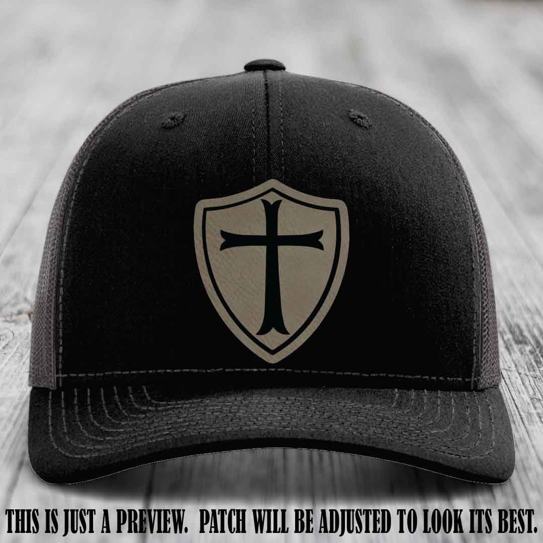 Holy Shield design on a Light Brown to Black Patch Richardson 112 hat (Black to Charcoal Hat)