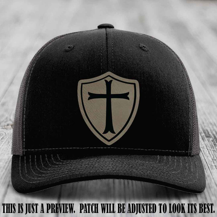 Holy Shield design on a Light Brown to Black Patch Richardson 112 hat (Black to Charcoal Hat)