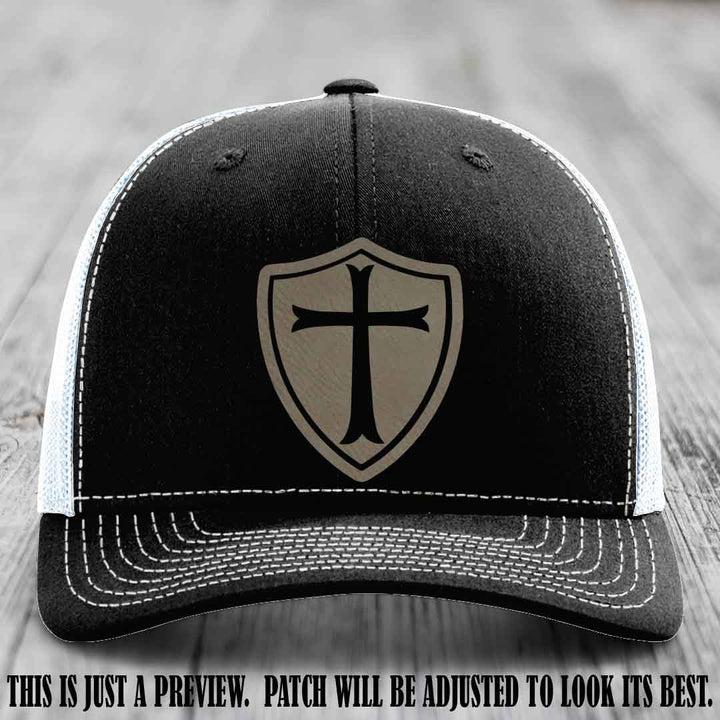 Holy Shield design on a Light Brown to Black Patch Richardson 112 hat (Black to White Hat)