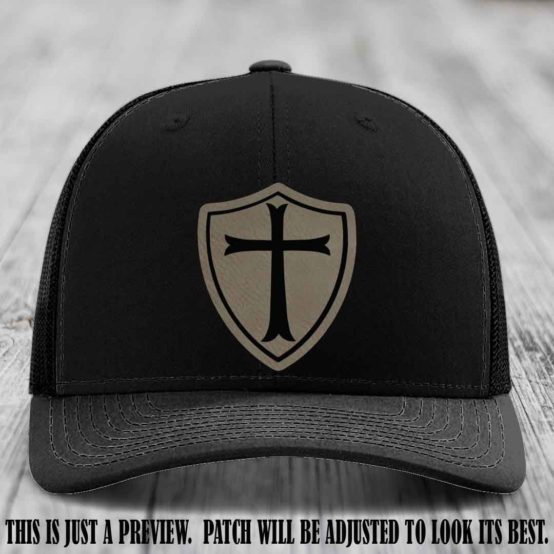 Holy Shield design on a Light Brown to Black Patch Richardson 112 hat (Black Hat)