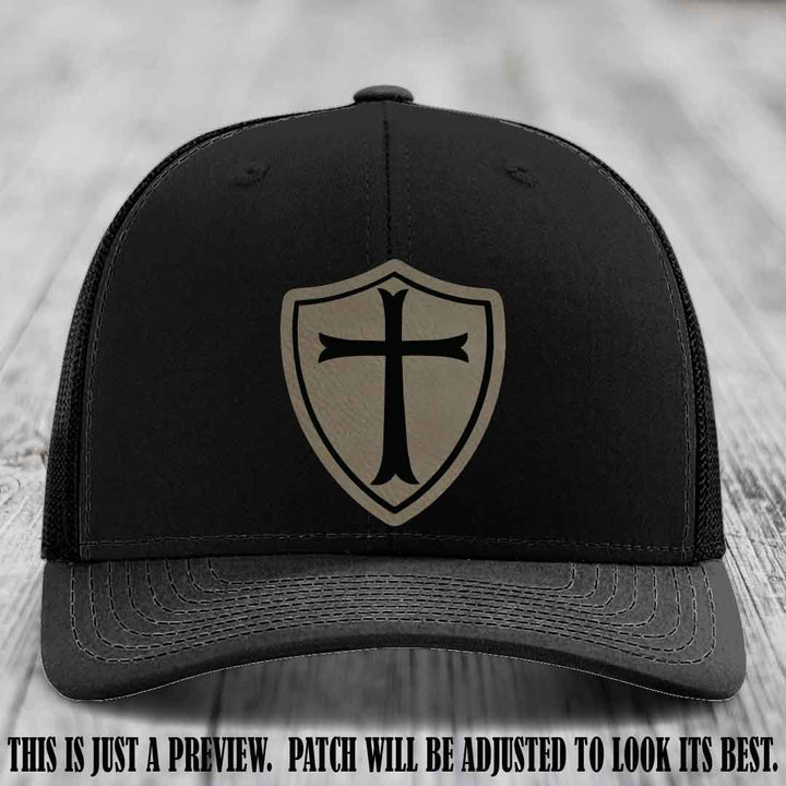 Holy Shield design on a Light Brown to Black Patch Richardson 112 hat (Black Hat)