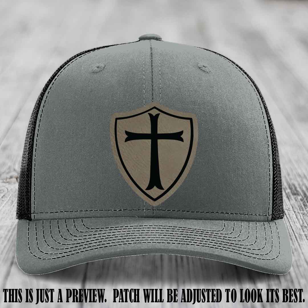 Holy Shield design on a Light Brown to Black Patch Richardson 112 hat (Heather Grey to Black Hat)