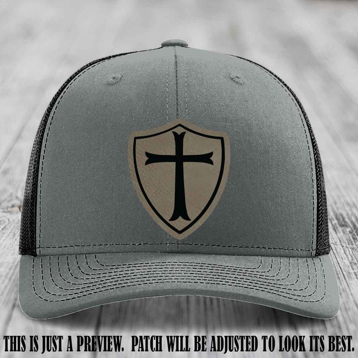 Holy Shield design on a Light Brown to Black Patch Richardson 112 hat (Heather Grey to Black Hat)