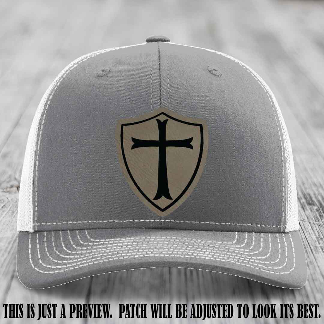 Holy Shield design on a Light Brown to Black Patch Richardson 112 hat (Heather Grey to White Hat)