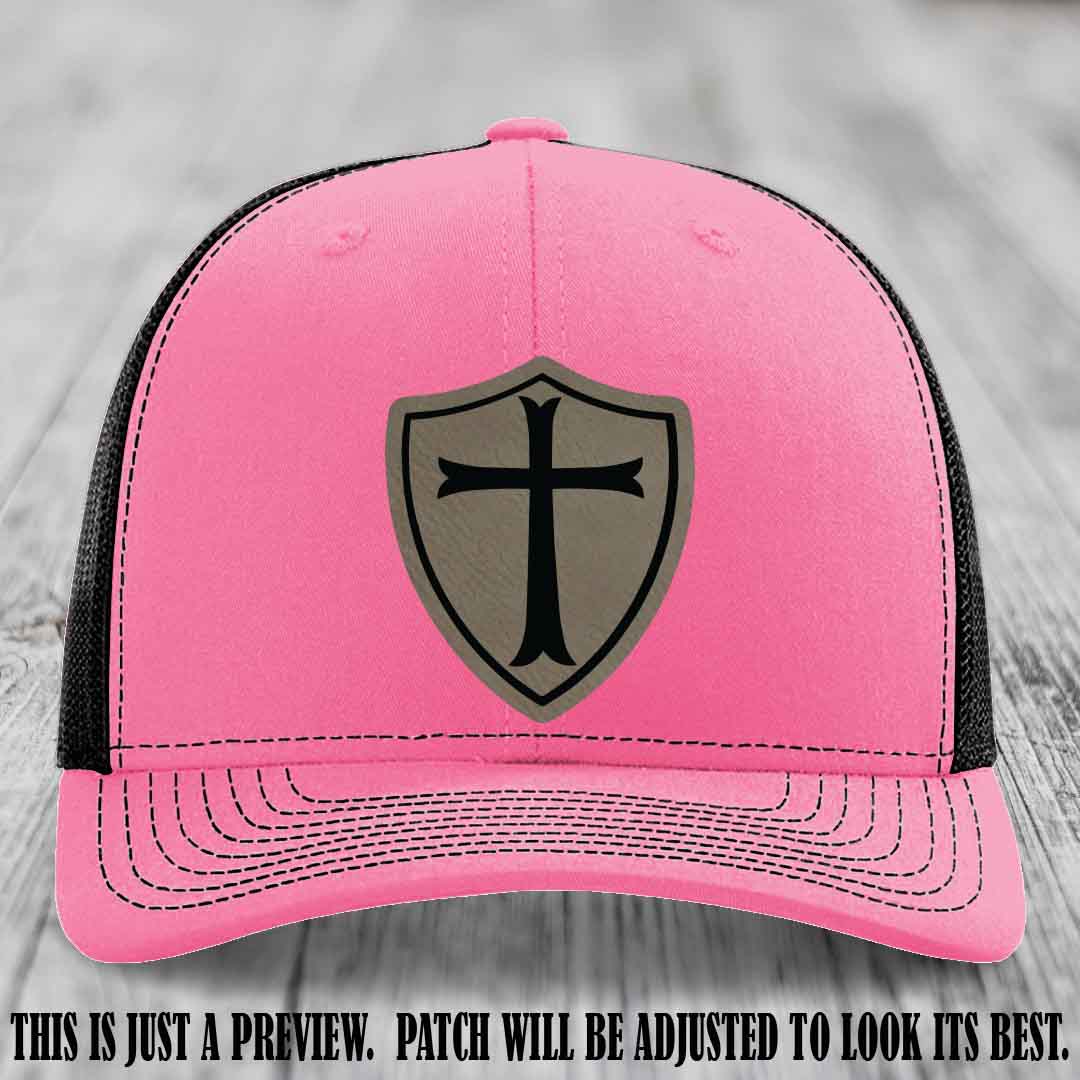 Holy Shield design on a Light Brown to Black Patch Richardson 112 hat (Hot Pink to Black Hat)