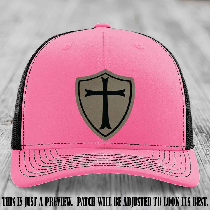 Holy Shield design on a Light Brown to Black Patch Richardson 112 hat (Hot Pink to Black Hat)
