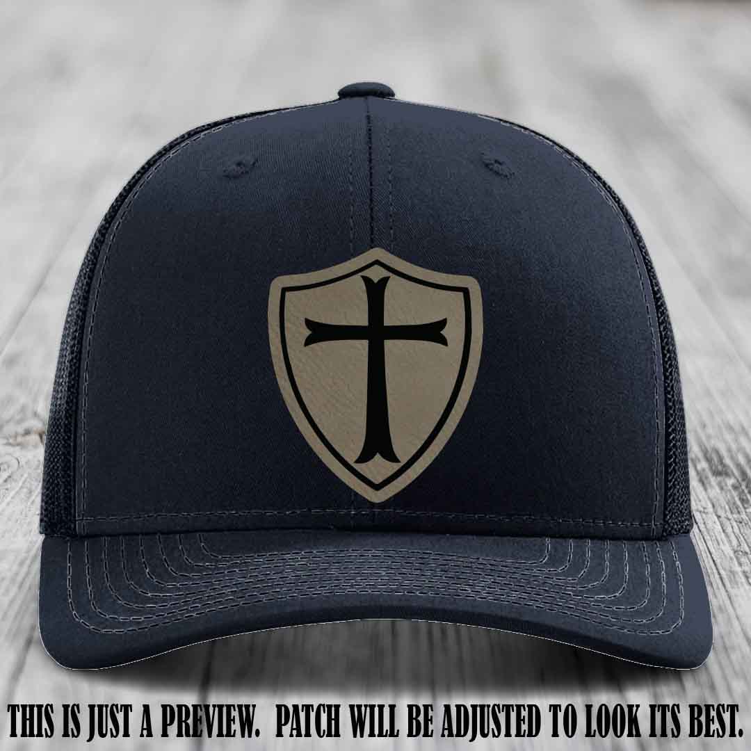 Holy Shield design on a Light Brown to Black Patch Richardson 112 hat (Navy Hat)
