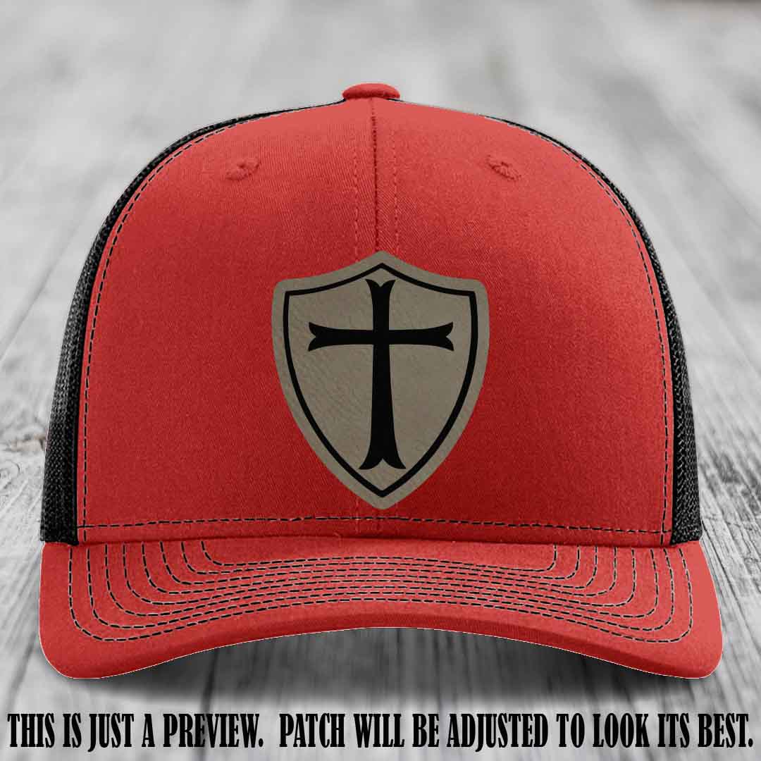 Holy Shield design on a Light Brown to Black Patch Richardson 112 hat (Red to Black Hat)