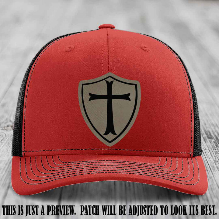 Holy Shield design on a Light Brown to Black Patch Richardson 112 hat (Red to Black Hat)