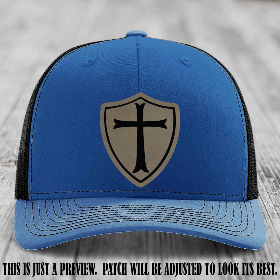Holy Shield design on a Light Brown to Black Patch Richardson 112 hat (Royal to Black Hat)
