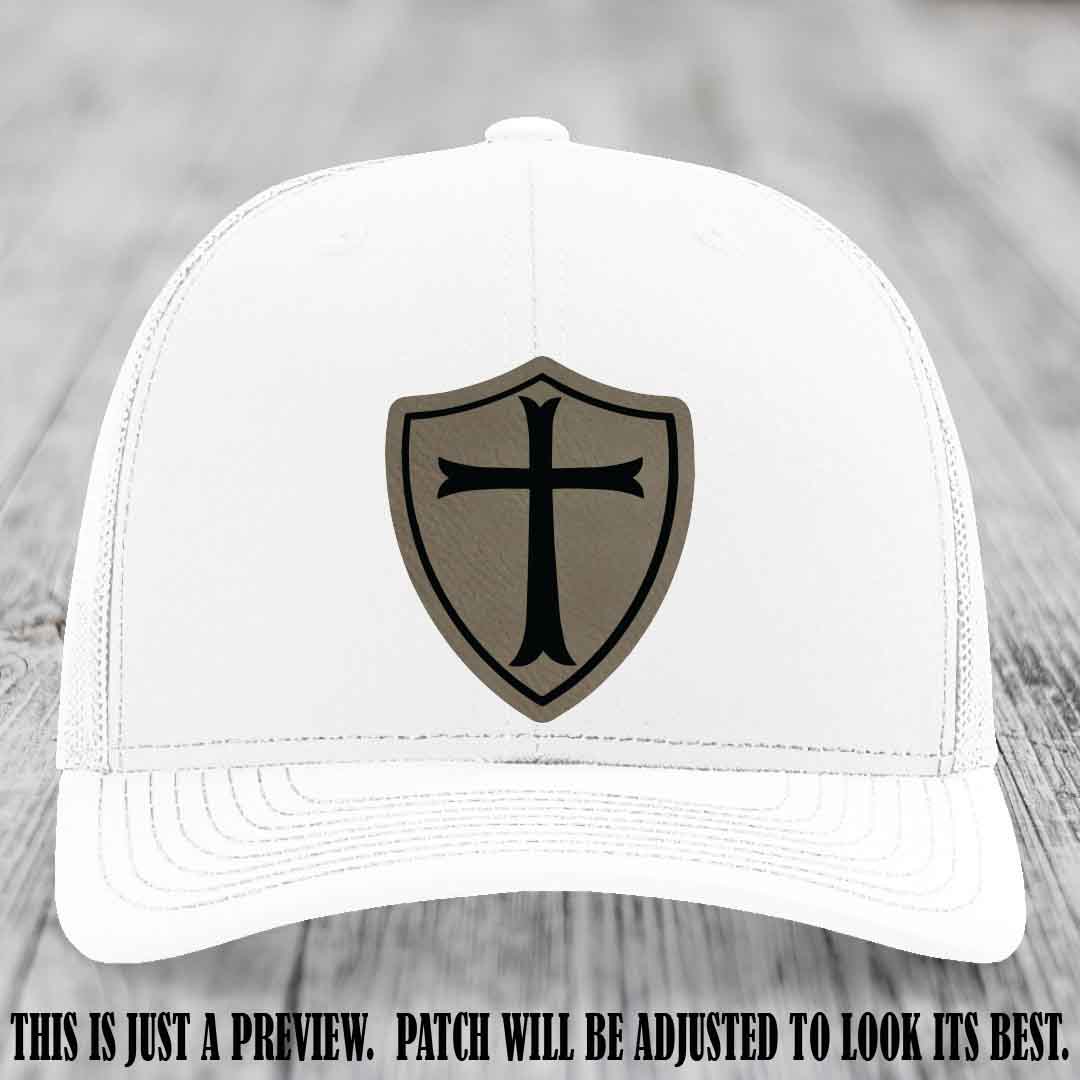 Holy Shield design on a Light Brown to Black Patch Richardson 112 hat (White Hat)