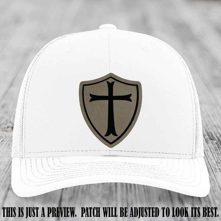 Holy Shield design on a Light Brown to Black Patch Richardson 112 hat (White Hat)