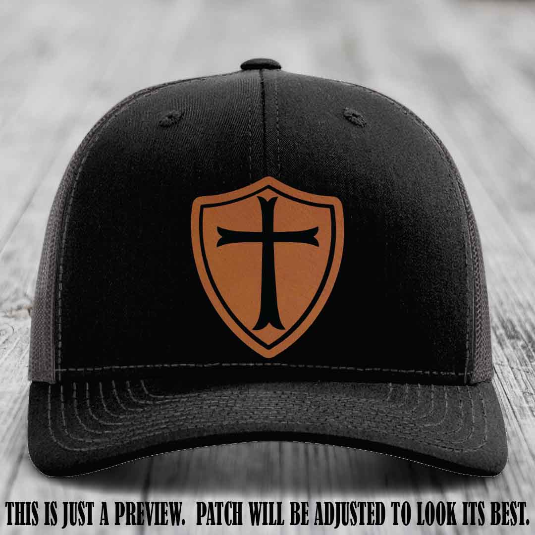 Holy Shield design on a Rawhide to Black Patch Richardson 112 hat (Black to Charcoal Hat)