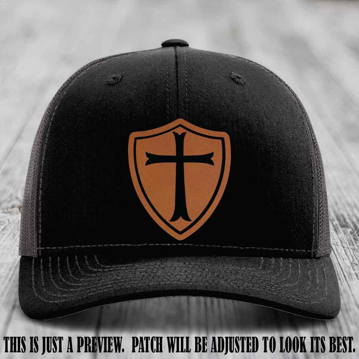 Holy Shield design on a Rawhide to Black Patch Richardson 112 hat (Black to Charcoal Hat)