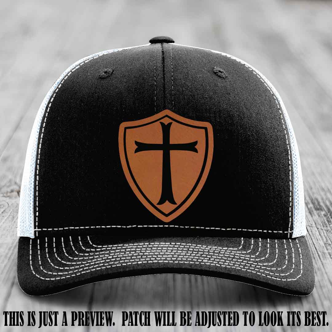 Holy Shield design on a Rawhide to Black Patch Richardson 112 hat (Black to White Hat)