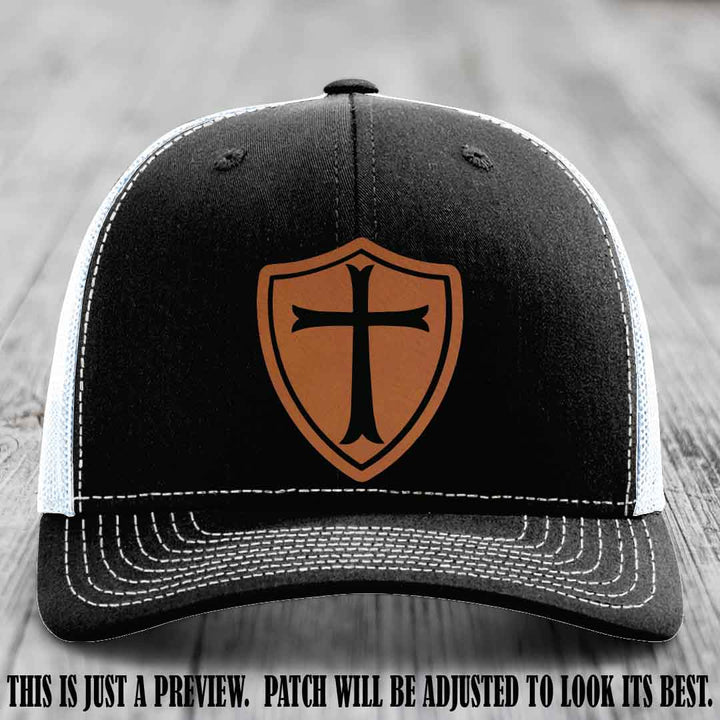 Holy Shield design on a Rawhide to Black Patch Richardson 112 hat (Black to White Hat)