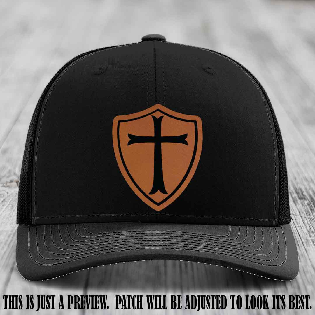 Holy Shield design on a Rawhide to Black Patch Richardson 112 hat (Black Hat)