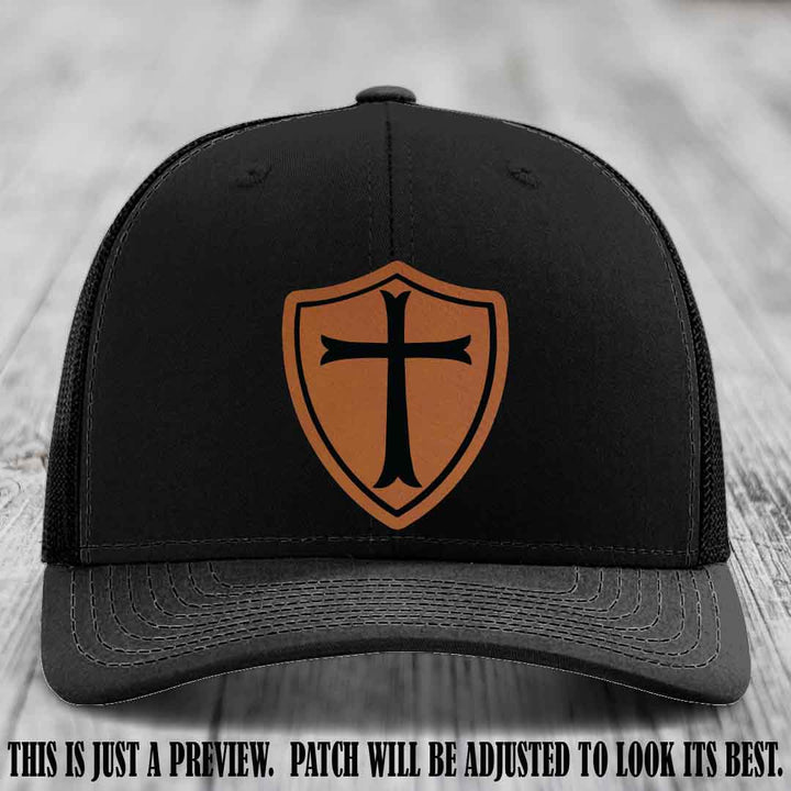 Holy Shield design on a Rawhide to Black Patch Richardson 112 hat (Black Hat)