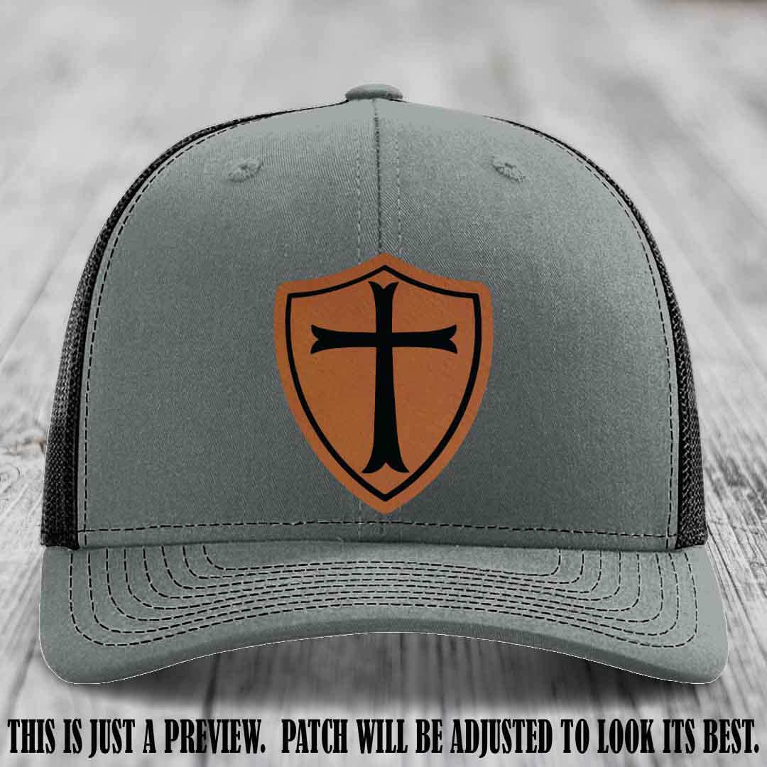 Holy Shield design on a Rawhide to Black Patch Richardson 112 hat (Heather Grey to Black Hat)