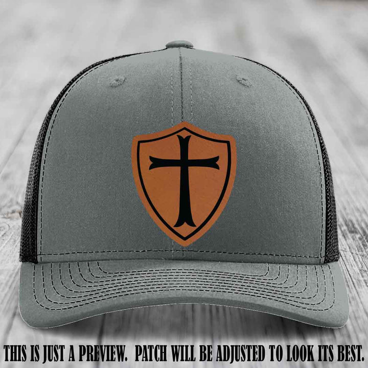 Holy Shield design on a Rawhide to Black Patch Richardson 112 hat (Heather Grey to Black Hat)