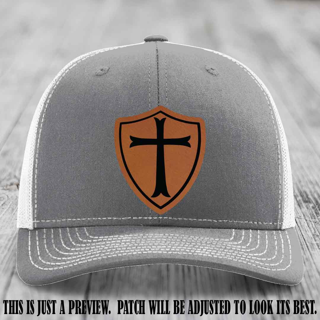 Holy Shield design on a Rawhide to Black Patch Richardson 112 hat (Heather Grey to White Hat)