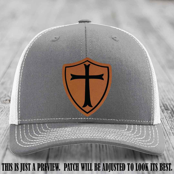 Holy Shield design on a Rawhide to Black Patch Richardson 112 hat (Heather Grey to White Hat)