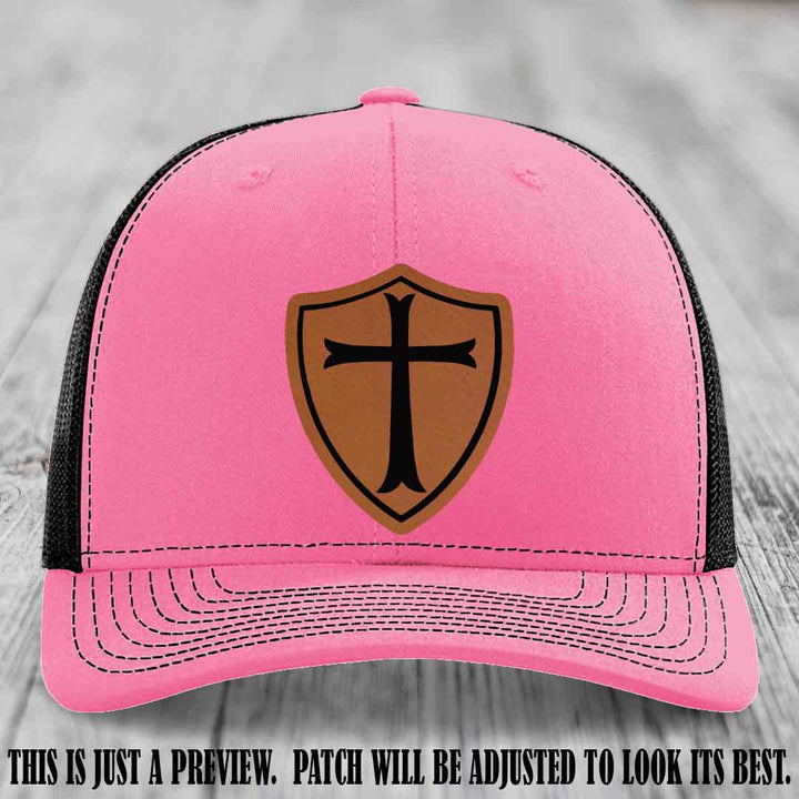 Holy Shield design on a Rawhide to Black Patch Richardson 112 hat (Hot Pink to Black Hat)