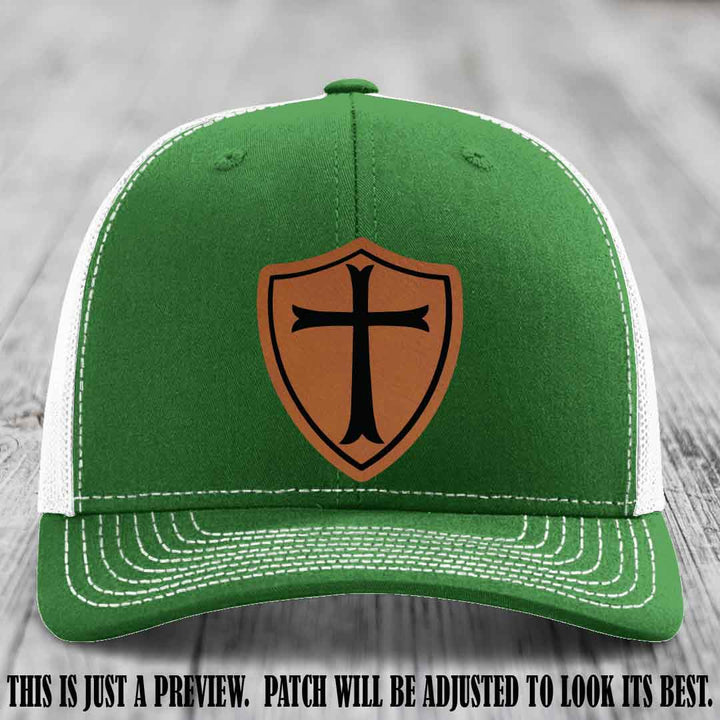 Holy Shield design on a Rawhide to Black Patch Richardson 112 hat (Kelly to White Hat)