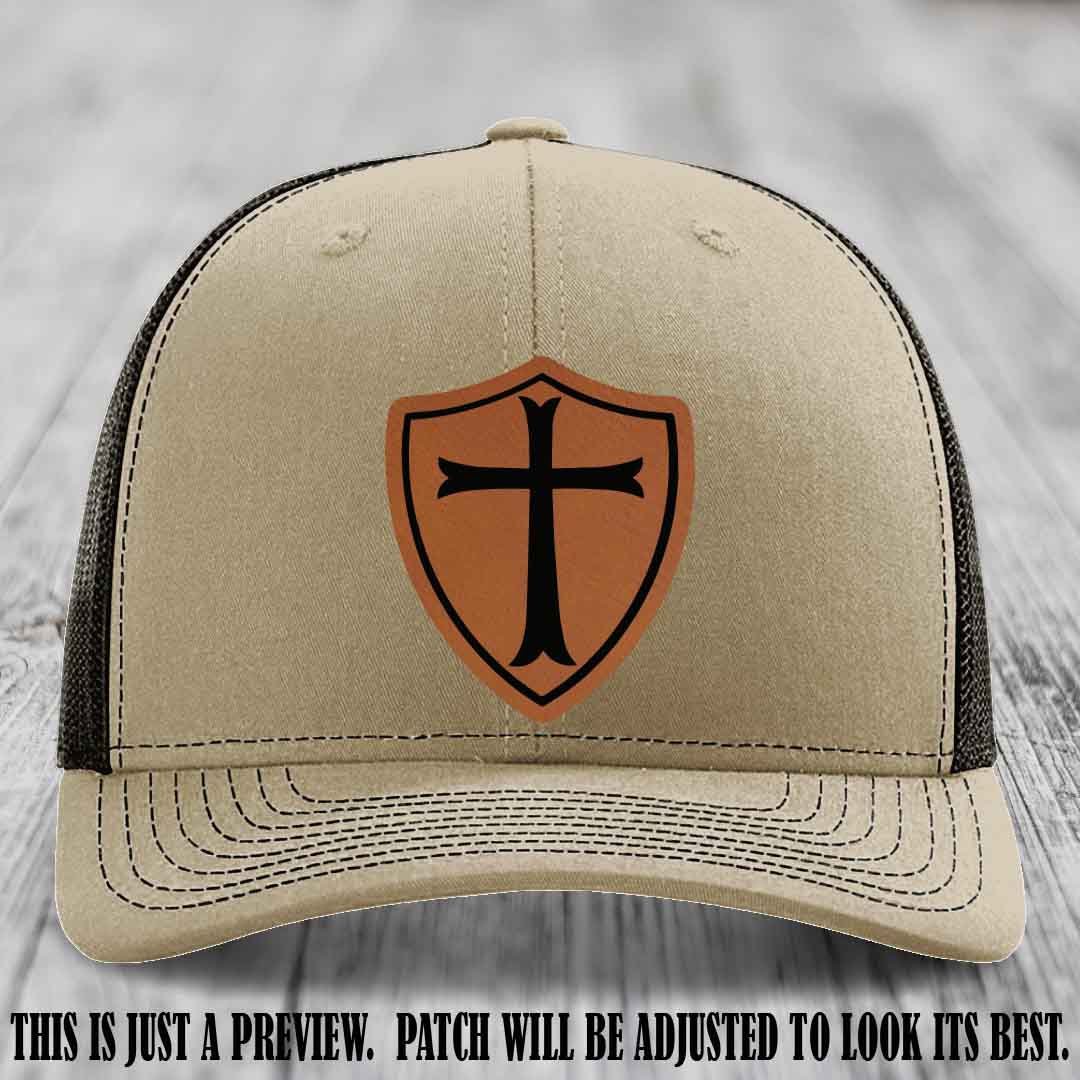Holy Shield design on a Rawhide to Black Patch Richardson 112 hat (Khaki to Coffee Hat)