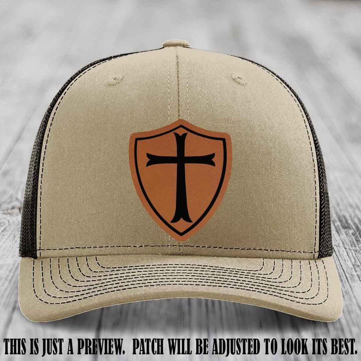 Holy Shield design on a Rawhide to Black Patch Richardson 112 hat (Khaki to Coffee Hat)