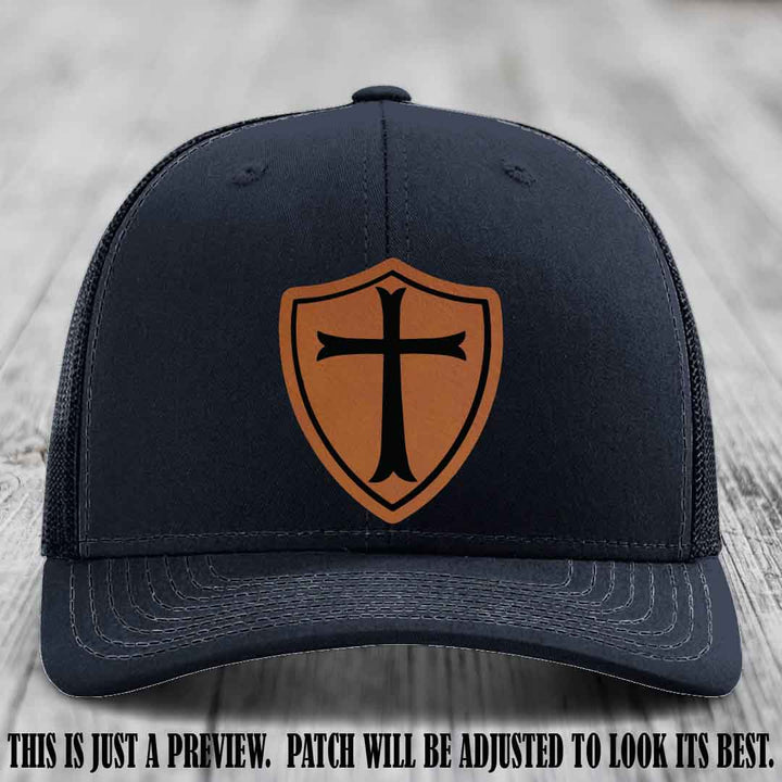 Holy Shield design on a Rawhide to Black Patch Richardson 112 hat (Navy Hat)