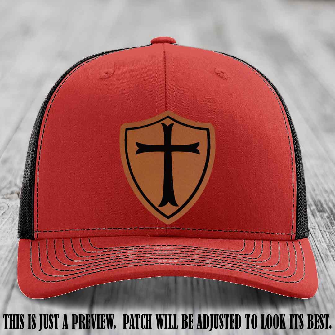 Holy Shield design on a Rawhide to Black Patch Richardson 112 hat (Red to Black Hat)