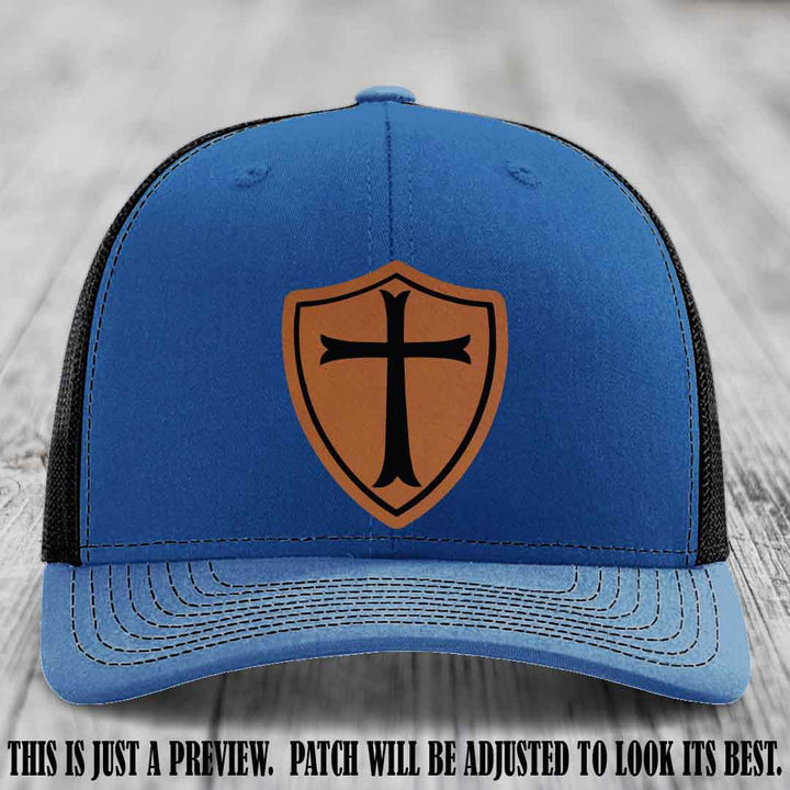 Holy Shield design on a Rawhide to Black Patch Richardson 112 hat (Royal to Black Hat)