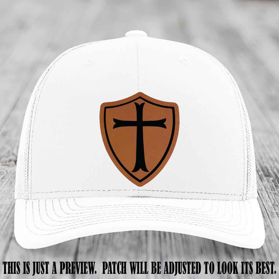 Holy Shield design on a Rawhide to Black Patch Richardson 112 hat (White Hat)