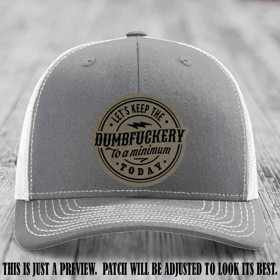 Dumbfuckery Minimum Light Brown to Black Patch on Heather Grey to White Hat