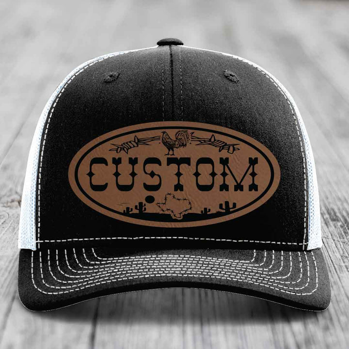 Lone Star Rooster Custom Name Leather Patch Hat - Richardson 112