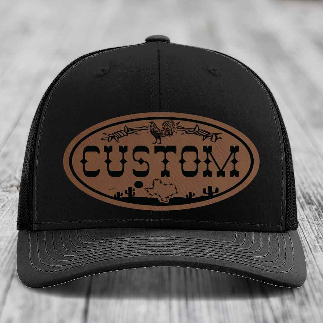 Lone Star Rooster Custom Name Leather Patch Hat - Richardson 112